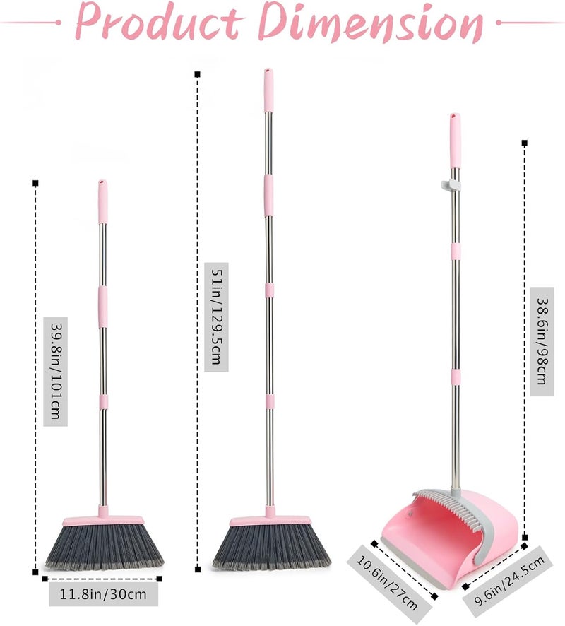 OOOFLOWER Broom and Dustpan Combo Set, Long Handle and Standing Dust Pan with Comb Teeth, Efficient Floor Cleaning for Kitchen, Outdoor, Dorm, Apartment, Office Lobby (Pink Gray) - Image 2